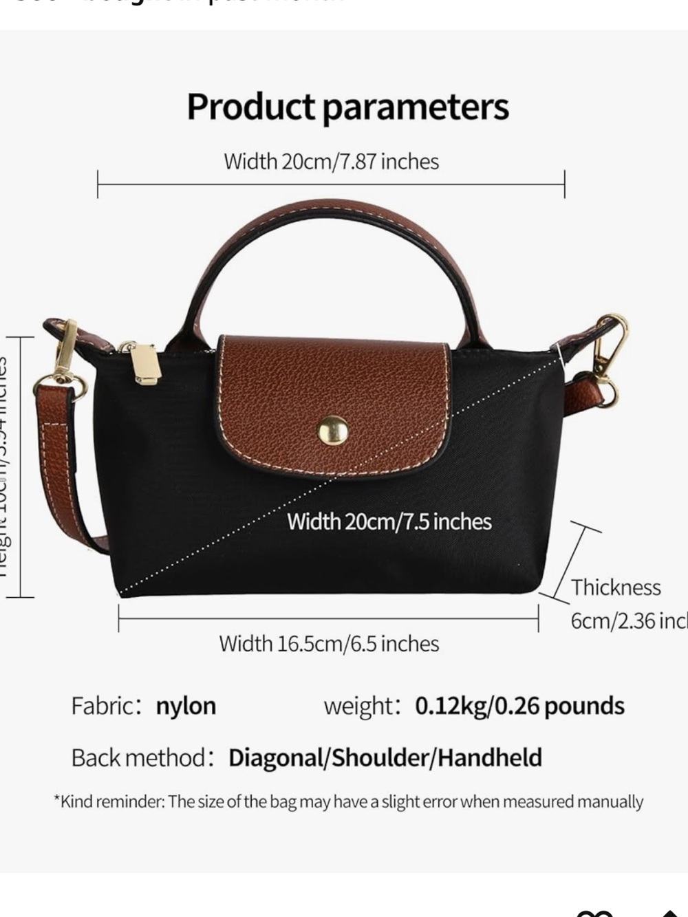 Mini crossbody bag, black color with brown trim, zippered small shoulder purse - Picture 9 of 10
